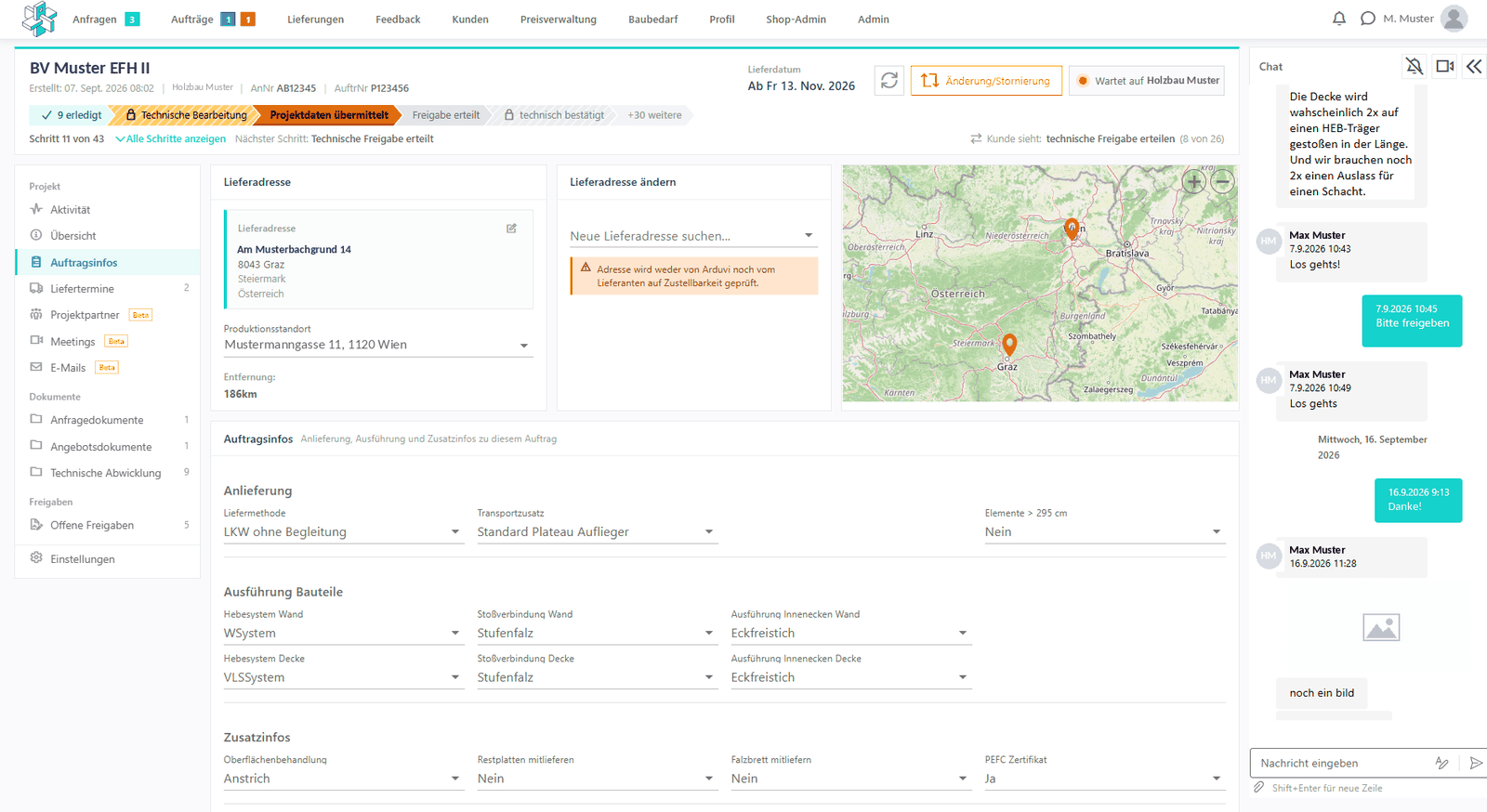 Arduvi Projektmanager – Auftragsinfos mit Lieferadresse, Produktionsstandort, Karte und Angaben zu Anlieferung und Ausführung