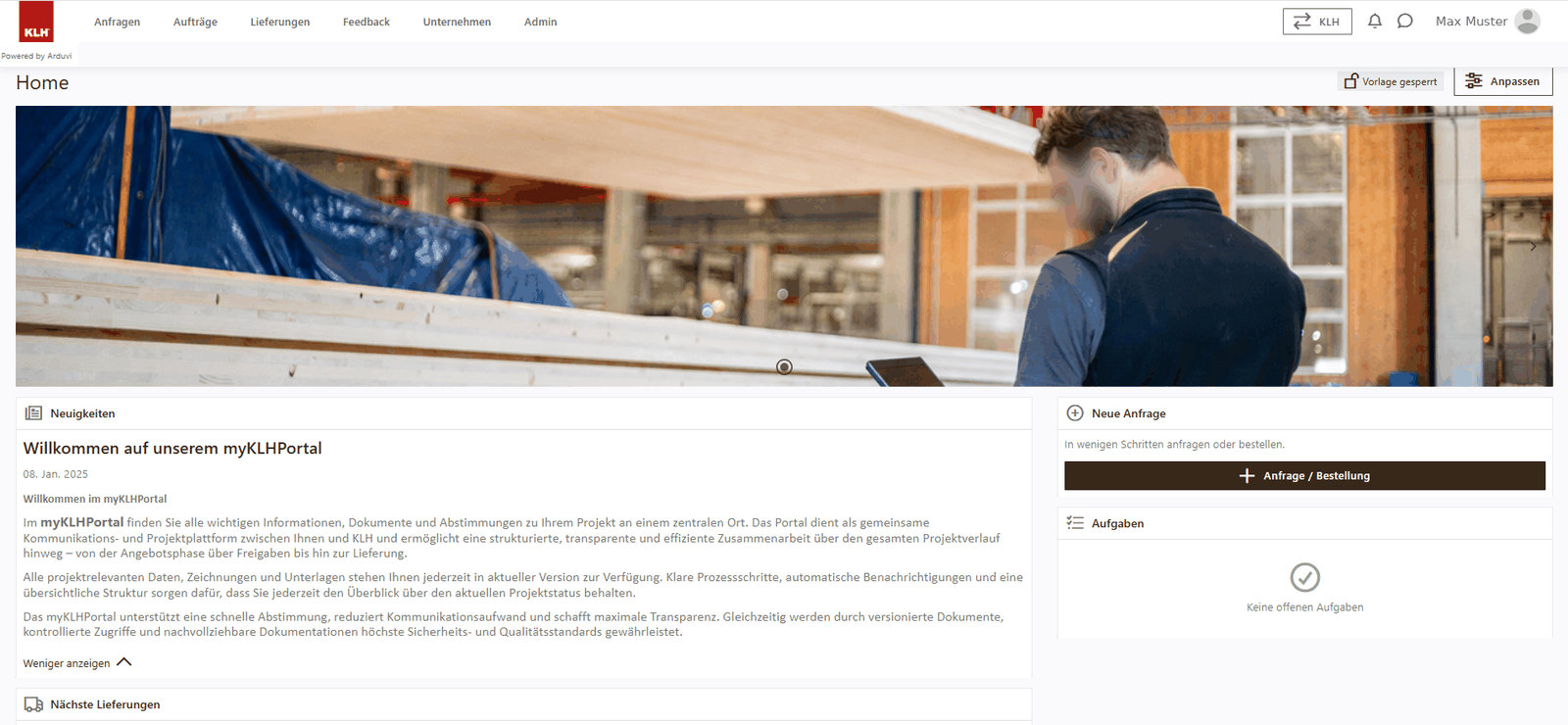 Startseite des myKLHPortal im Branding von KLH, betrieben mit Arduvi