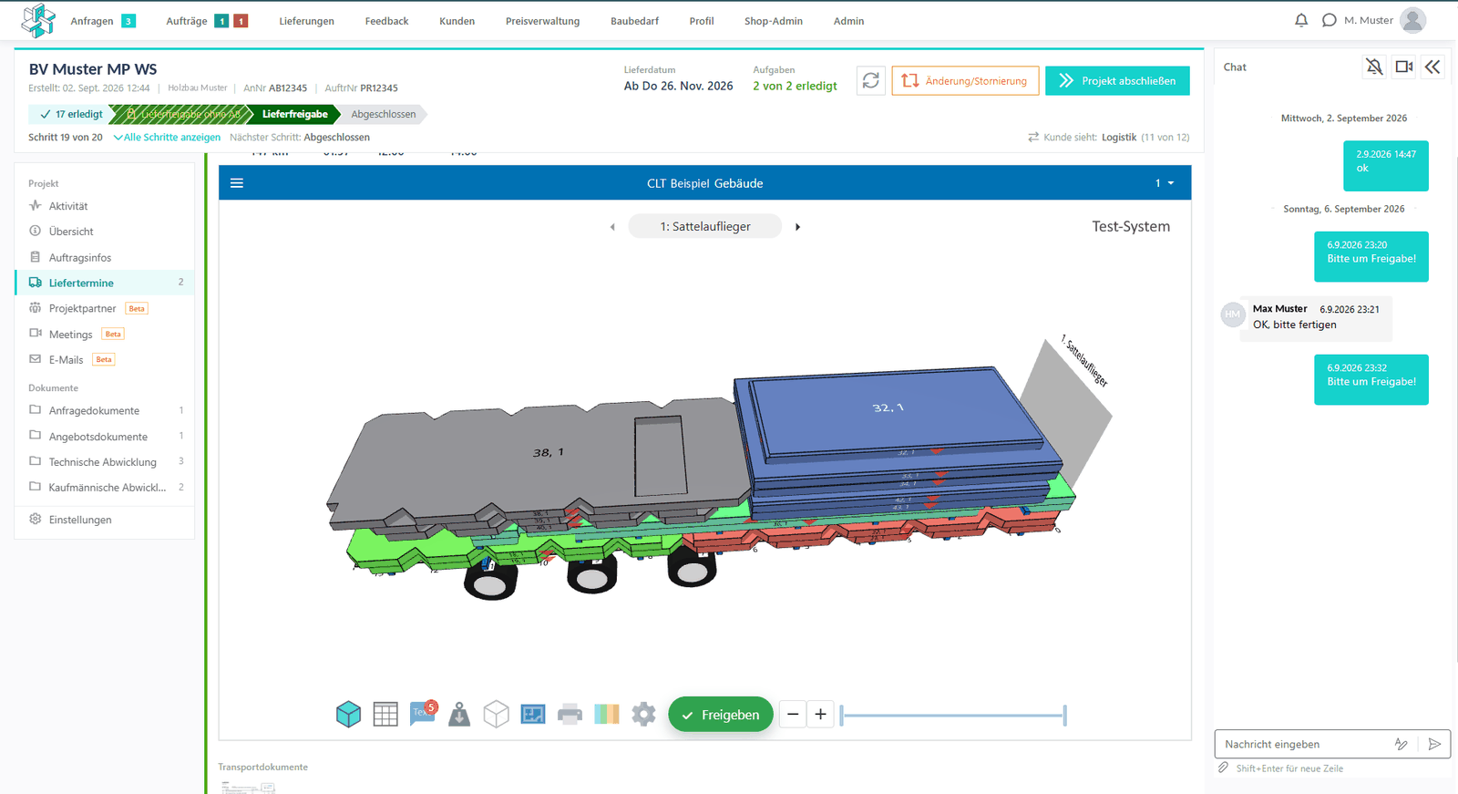 Arduvi Projektmanager – Ladeplan in 3D: CLT-Elemente auf einem Sattelauflieger, mit Schaltfläche zur Freigabe