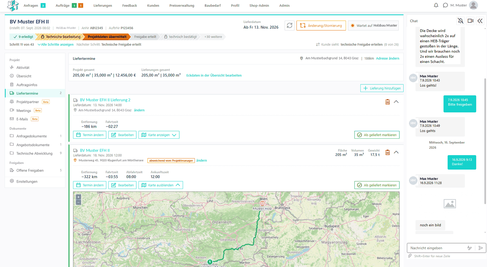 Arduvi Projektmanager – Liefertermine mit Route auf der Karte, Entfernung, Fahrtzeit, Abfahrt und Ankunft