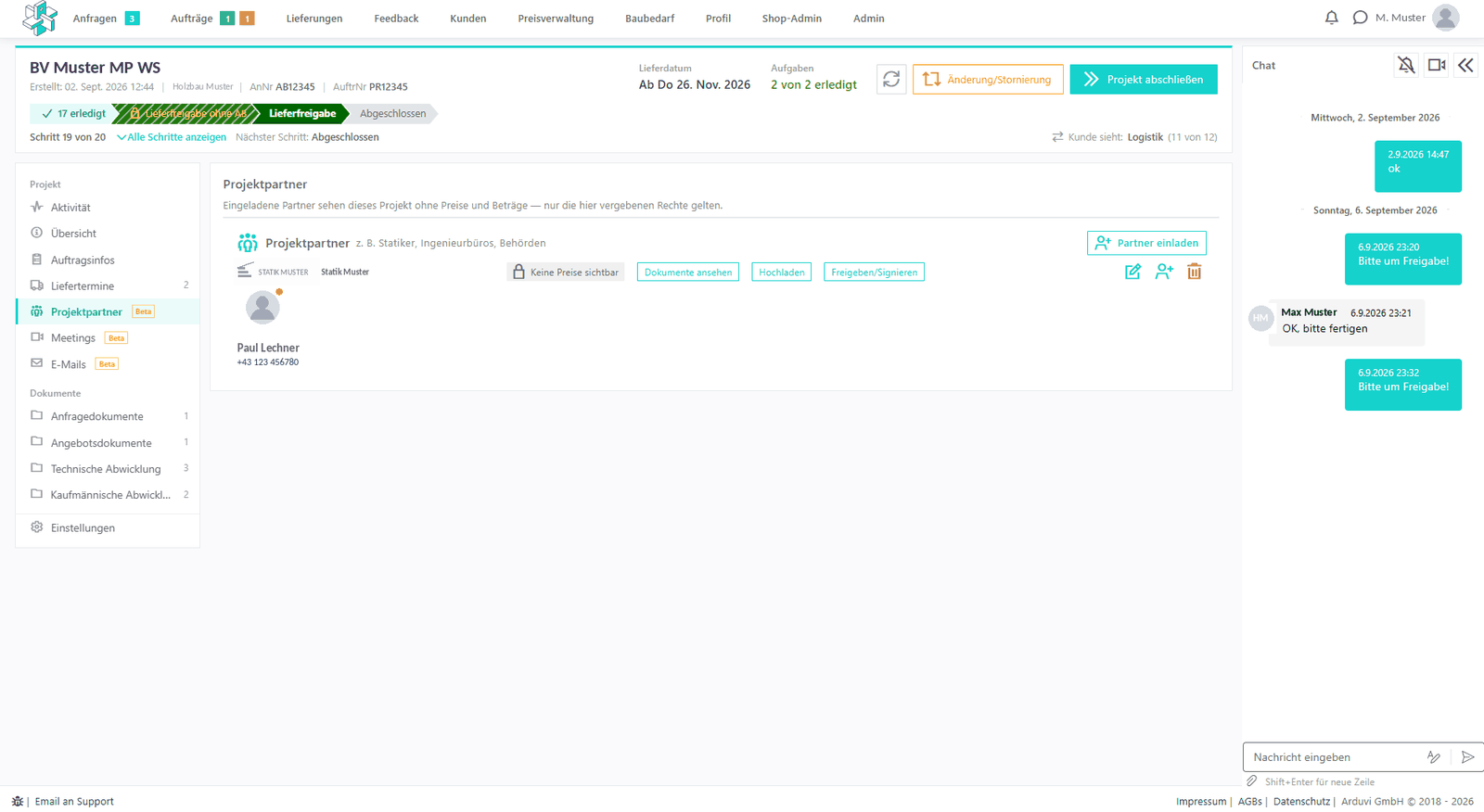Arduvi Projektmanager – eingeladener Projektpartner (Statikbüro) mit Rechten für Dokumente, Hochladen und Freigaben