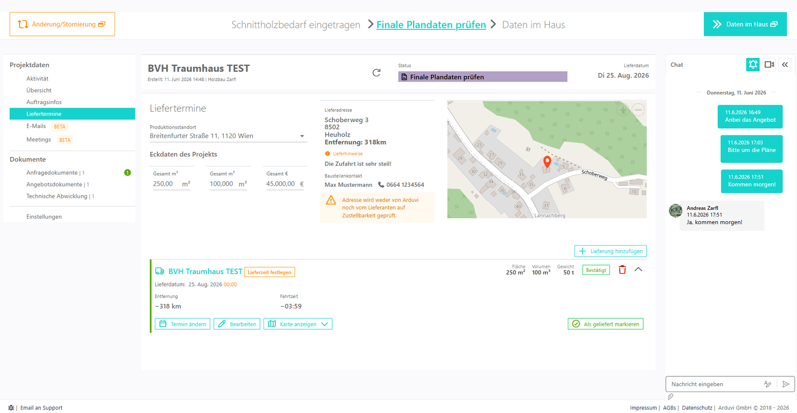 Arduvi Projektmanager – Liefertermine mit Karte, Eckdaten und Lieferhinweisen