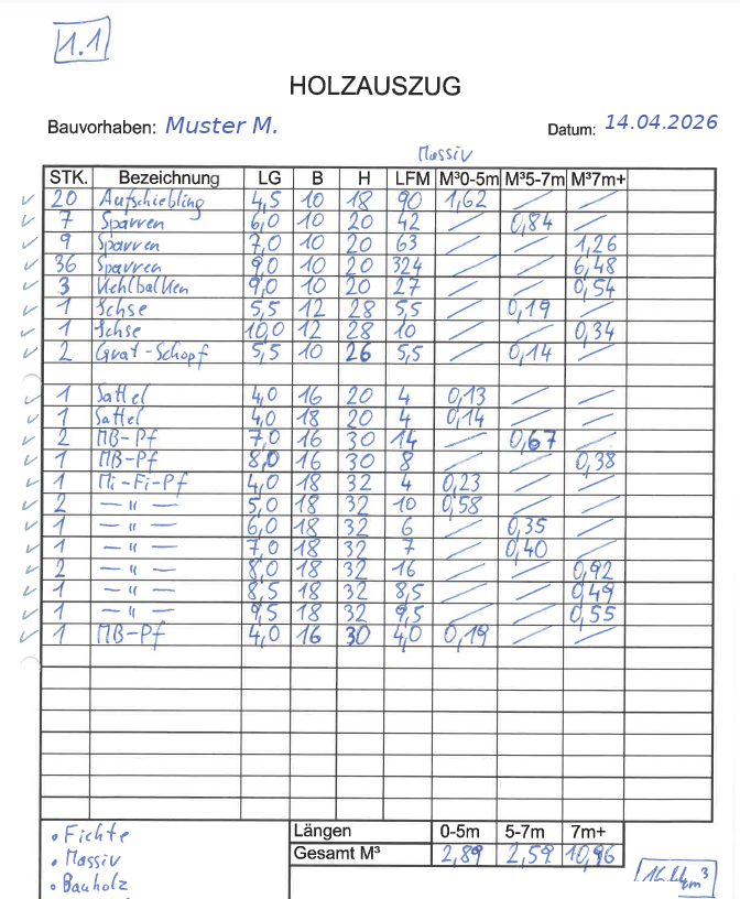Handschriftlicher Holzauszug mit 55 Zeilen – die Vorlage, die heute abgetippt wird